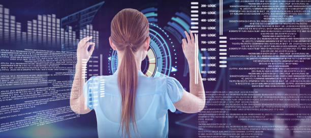 istock Composite image of rear view of businesswoman touching imaginary interface 1302810157