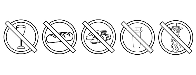 Round icons. Do not use food, drink, water, detergents, toiletries, creams, sandals, do not wear shoes,