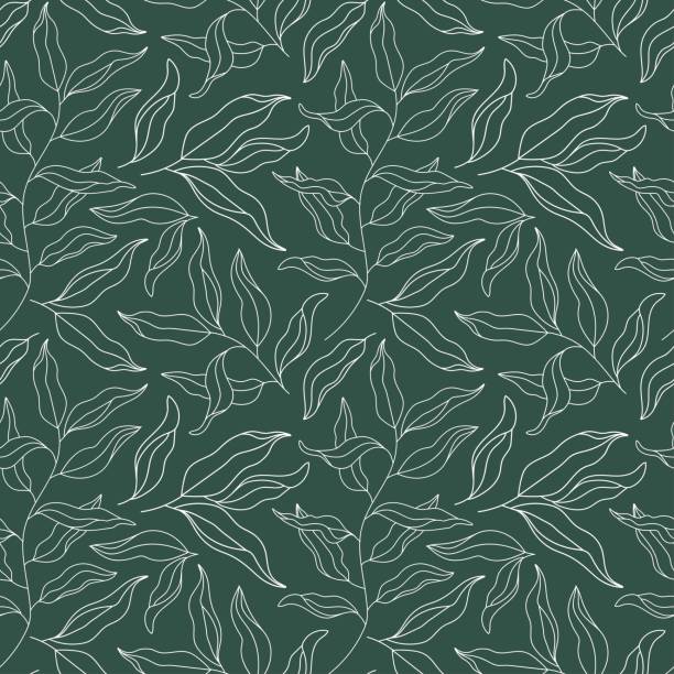 Outline Willow Tree Branch seamless pattern. Eucalyptus Leaves modern contour ornament. Line art Plant, Laurel Twig. Floral vector neutral background for design print Outline Willow Tree Branch seamless pattern. Eucalyptus Leaves modern contour ornament. Line art Plant, Laurel Twig. Floral vector background for design textile print, scrapbooking, wrapping pape willow tree stock illustrations
