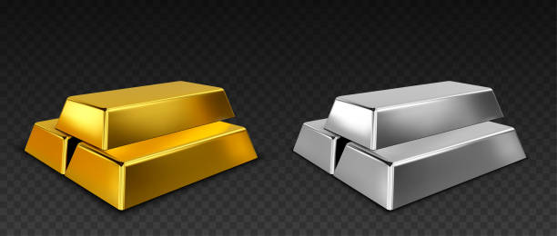 wektorowe sztabki złota i srebra izolowane na ciemnym przezroczystym tle - gold bullion ingot stock market stock illustrations