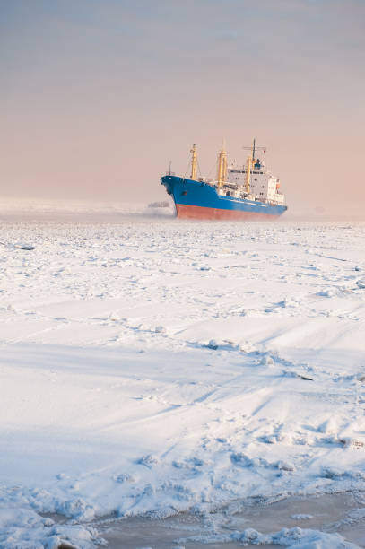 istock Big cargo ship in frozen ice sea fairway 1302814634