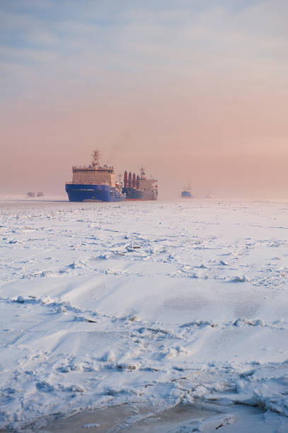 istock Big cargo ship in frozen ice sea fairway 1302814666