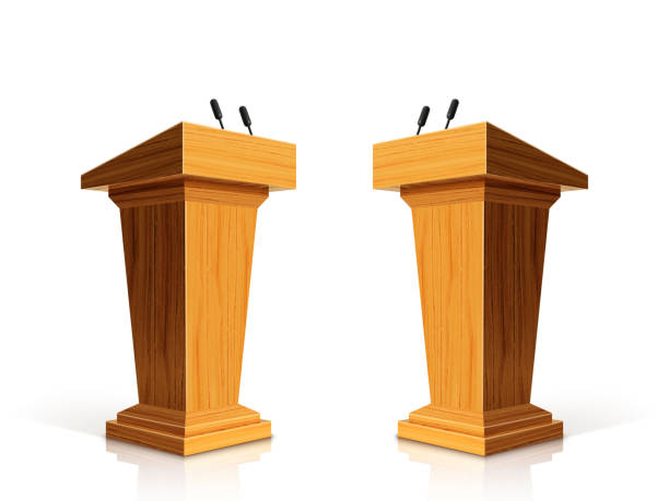 Wooden podium with microphone. Wooden speech stand. Wooden podium with microphone. Wooden speech stand. debate stock illustrations