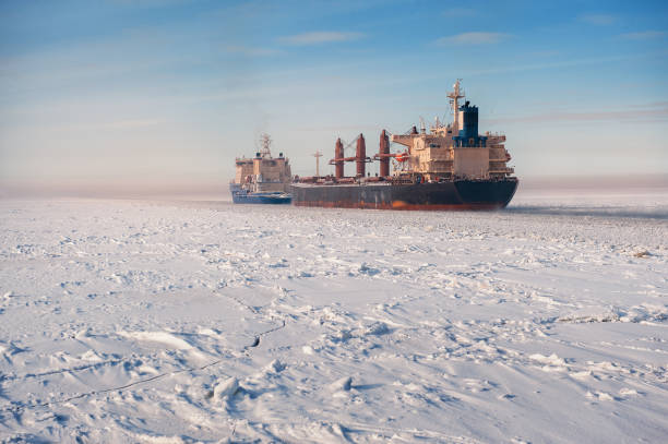 istock Big cargo ships in frozen ice sea fairway 1302814763