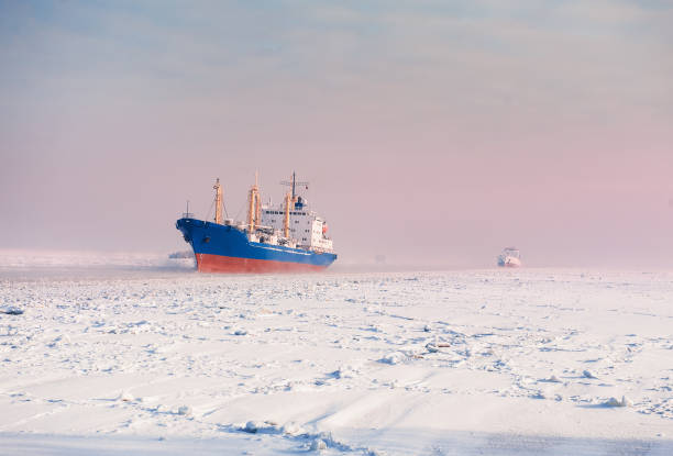 istock Big cargo ship in frozen ice sea fairway 1302814866