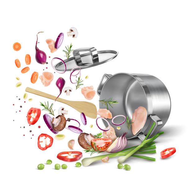 ilustrações de stock, clip art, desenhos animados e ícones de chicken meat, mushrooms, bell peppers, onions,carrots, spices flying out of an open pan. vector composition isolated on white background. soup recipe. - green bell pepper illustrations