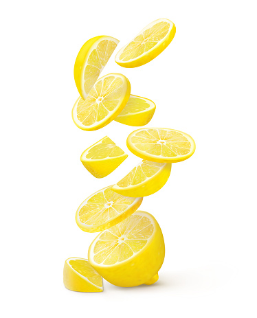 Half lemon with a slice and falling flying slices on a white background. vector illustration