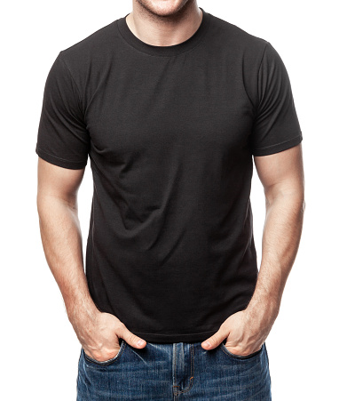 Young fit man wearing blank black shortsleeve cotton T-Shirt. Mock up template isolated on a white background
