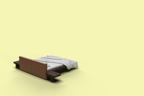 istock 3d render top side angle view of white bed with white pillow cover and white bed sheet and blanket for mockup with a pastel yellow background. 1302815175
