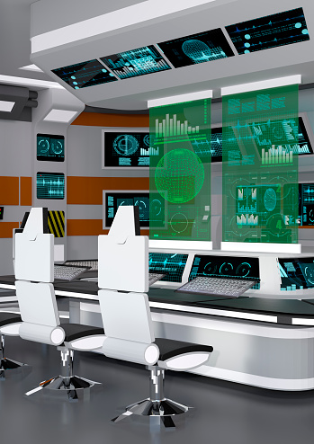 3D rendering of a futuristic sceince fiction command and control center