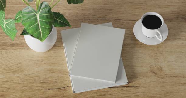 istock 3d render coffee cup, tablet pencil, green plant and blank book on wood table. minimal workspace. wall concept template. hot coffee in mug. cafe and resturant template. 1302819018