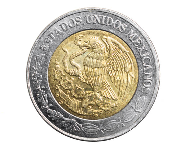 istock Mexicans one peso coin on a white isolated background 1302820608