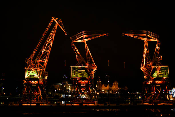 Highlighted cranes in Szczecin, a city monument.