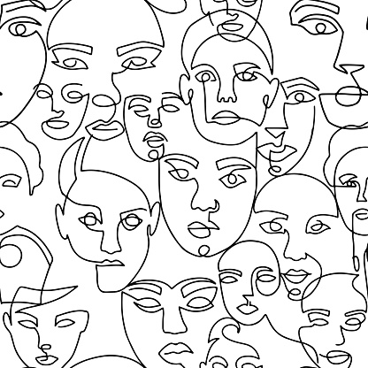 Line art seamless pattern with female portraits on a white background. One line style endless background. Suitable for prints on clothes and on textiles. Hand drawn minimalistic womans