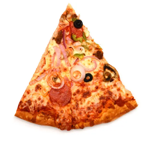 Photo of Pizza slice isolated on white background.