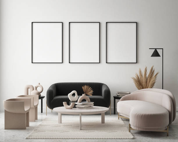 istock mock up poster frame in modern interior background, scandinavian style, 3D render 1302821366