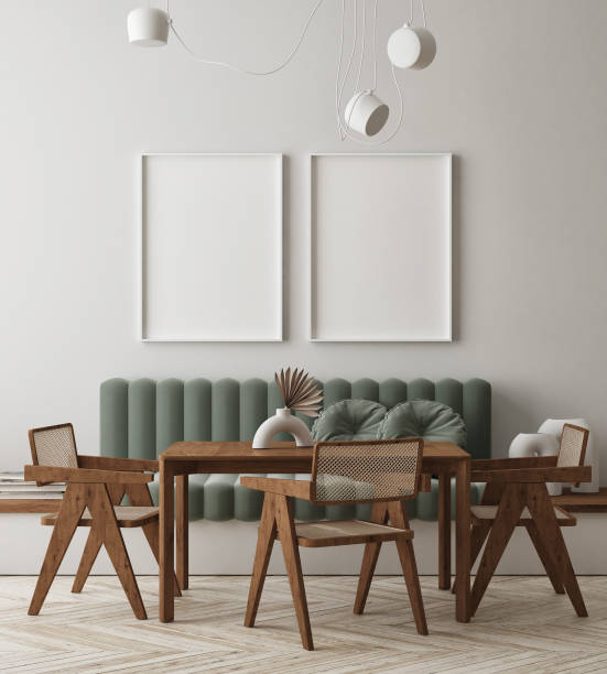 istock mock up poster frame in modern interior background, scandinavian style, 3D render 1302821367