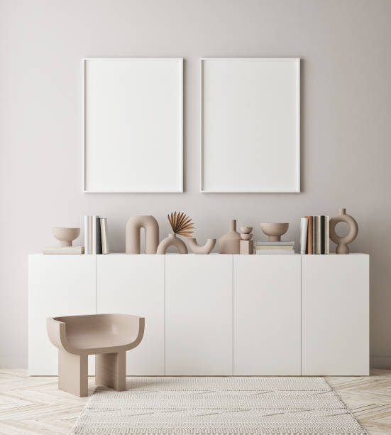 istock mock up poster frame in modern interior background, scandinavian style, 3D render 1302821372