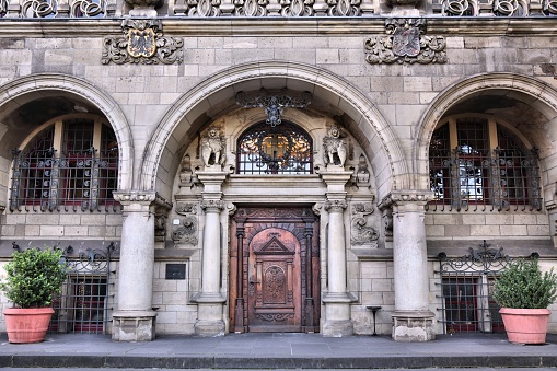 Duisburg city in Germany. City Hall (Rathaus) carved wooden door.