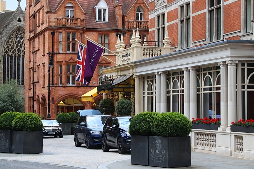 Connaught Hotel five star luxury hotel in Mayfair district, London. There are 45,000 hotels in the UK.