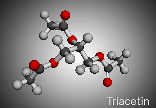 Triacetin, glycerin triacetate molecule. It is triglyceride, triester of glycerol, food additive with E number E1518. Molecular model. 3D rendering. 3D illustration