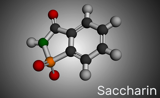 Saccharin molecule. It is artificial sweetener, sweetening agent, xenobiotic and environmental contaminant. Molecular model. 3D rendering. 3D illustration
