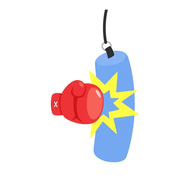 Vector illustration of Red boxing glove hitting hanging punching bag