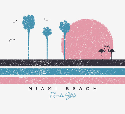 Miami Beach, Florida t-shirt design with flamingo and palm trees. Typography graphics for t shirt with stripes and grunge. Print for apparel. Vector illustration.