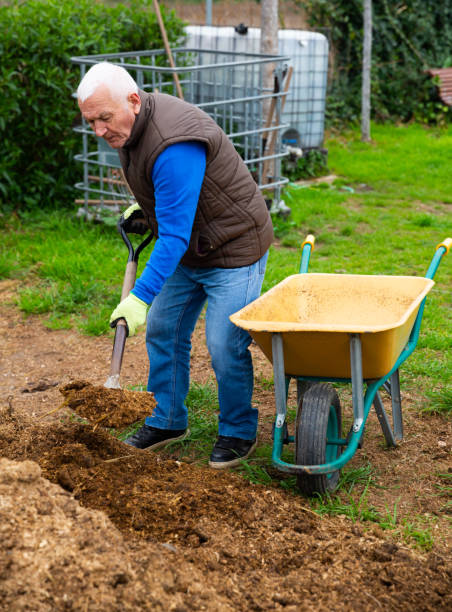 istock Mature man scattering peat shovel on garden beds 1302826444