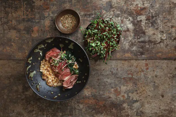 Grilled venison steak with spelt grain and microgreen. Flat lay top-down composition on dark background.