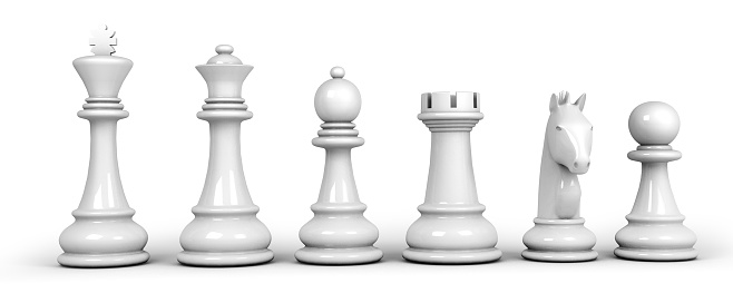 Set of white chess pieces isolated on white background. 3d illustration.