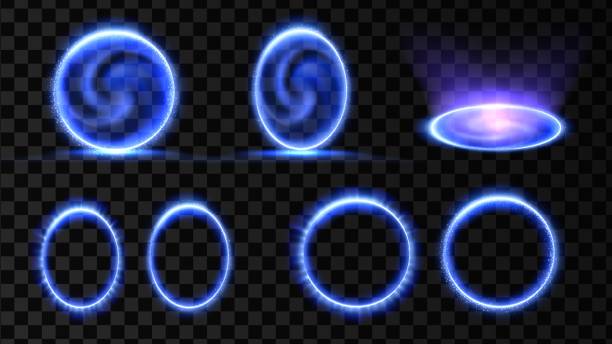 ilustrações de stock, clip art, desenhos animados e ícones de blue magic portal. 3d hologram effect. energy vortex teleport. light circle frame. isolated vector background. - blue plasma flash