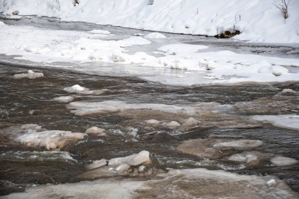 istock Frozen river in winter, snow and ice melting 1302829646