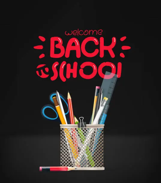 Vector illustration of Back to school inscription. School stationery