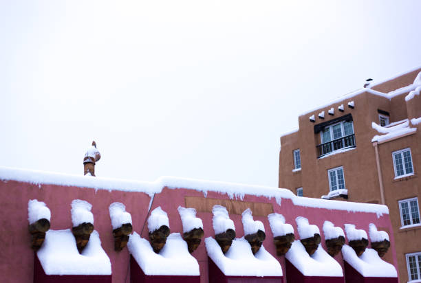 Santa Fe, NM: Downtown Adobe Buildings with Snow. Copy space available.