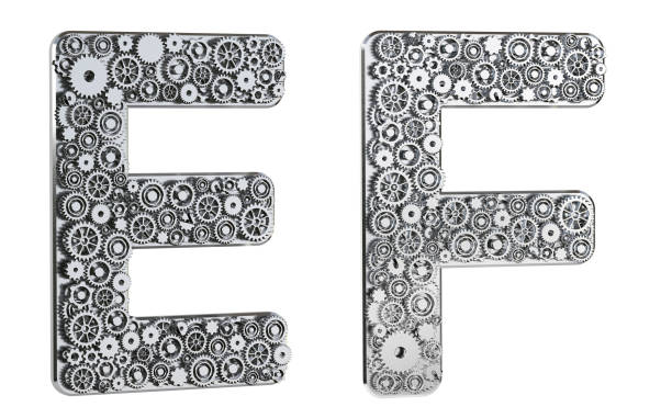 istock Gear alphabet made from realistic metal isolated on white background. Mechanical concept. Set of letters E & F. 3D rendering. 1302832121