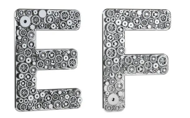 Photo of Gear alphabet made from realistic metal isolated on white background. Mechanical concept. Set of letters E & F. 3D rendering.