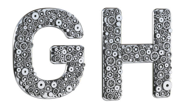 istock Gear alphabet made from realistic metal isolated on white background. Mechanical concept. Set of letters G & H. 3D rendering. 1302832165