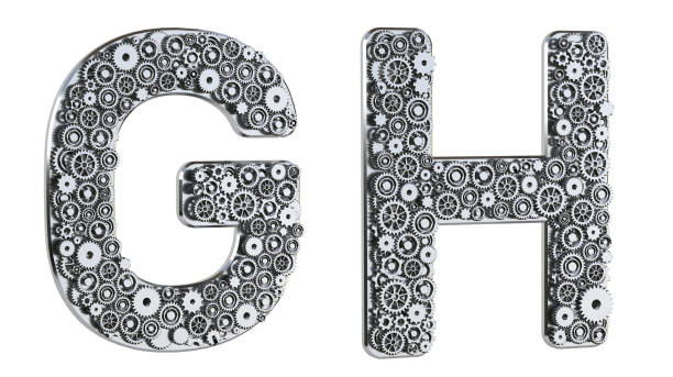 Gear alphabet made from realistic metal isolated on white background. Mechanical concept. Set of letters G & H. 3D rendering. Gear alphabet made from realistic metal isolated on white background. Mechanical concept. Set of letters G & H. 3D rendering. g star stock pictures, royalty-free photos & images