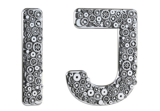 istock Gear alphabet made from realistic metal isolated on white background. Mechanical concept. Set of letters I & J. 3D rendering. 1302832223