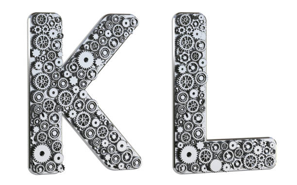 istock Gear alphabet made from realistic metal isolated on white background. Mechanical concept. Set of letters K & L. 3D rendering. 1302832275