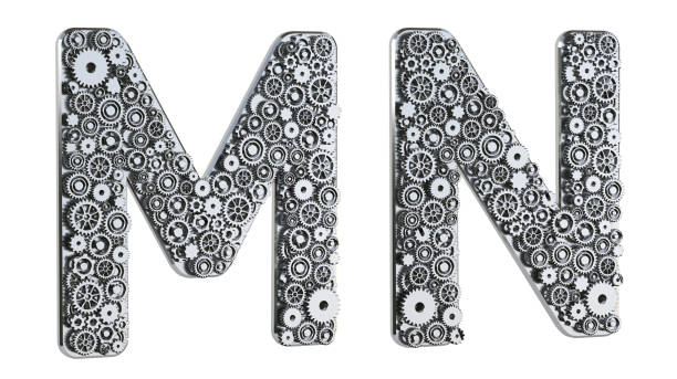 istock Gear alphabet made from realistic metal isolated on white background. Mechanical concept. Set of letters M & N. 3D rendering. 1302832281
