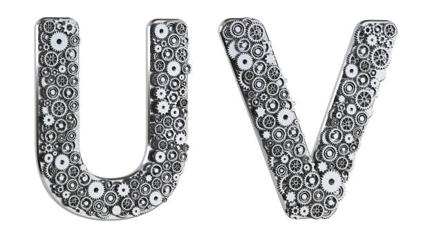 istock Gear alphabet made from realistic metal isolated on white background. Mechanical concept. Set of letters U & V. 3D rendering. 1302832426