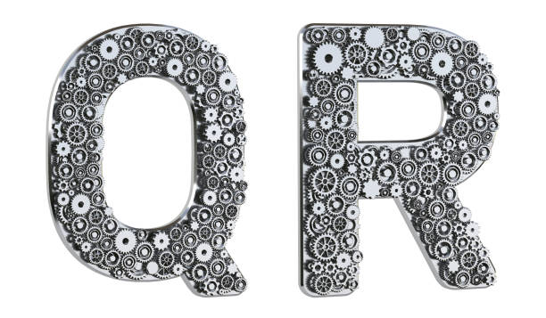 Gear alphabet made from realistic metal isolated on white background. Mechanical concept. Set of letters Q & R. 3D rendering.