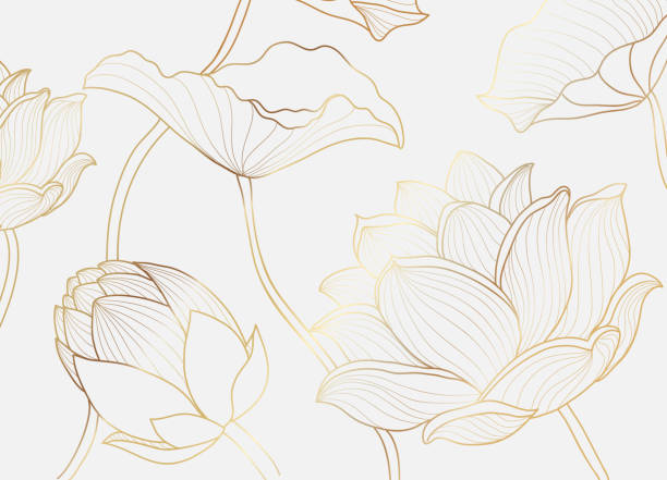 Gold wallpaper luxury design with lotus flower Gold wallpaper luxury design with lotus flower and leaf. Nelumbo lotos golden line arts. Floral design for poster, cover, fabric prints. Vector illustration. lotus water lily white flower stock illustrations