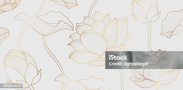 istock Gold lotus line pattern. Golden lotus flower 1302833437