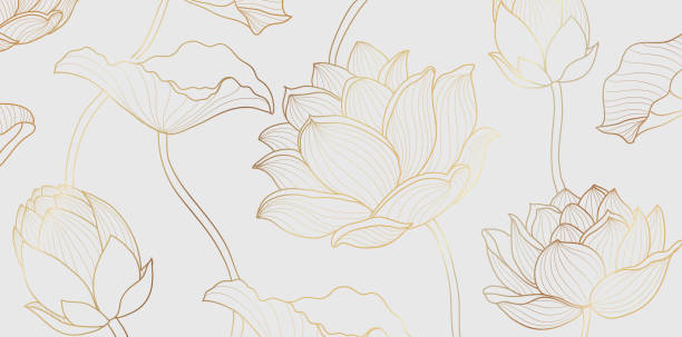 Gold lotus line pattern. Golden lotus flower Gold lotus line pattern. Golden design with lotus flower and leaves on white background. Vector wallpaper illustration. gold metal drawings stock illustrations