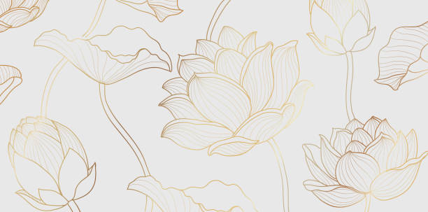 Gold lotus line pattern. Golden lotus flower Gold lotus line pattern. Golden design with lotus flower and leaves on white background. Vector wallpaper illustration. lotus water lily white flower stock illustrations