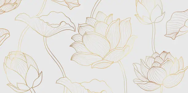 Vector illustration of Gold lotus line pattern. Golden lotus flower