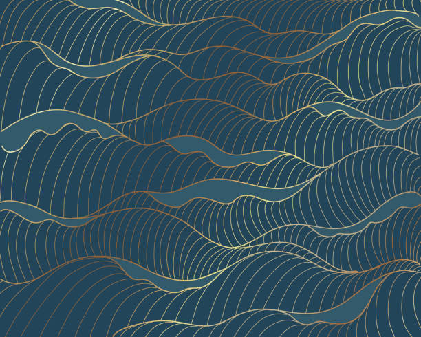 황금 선, 파란색 배경에 파도 패턴. - water wave sea backgrounds stock illustrations